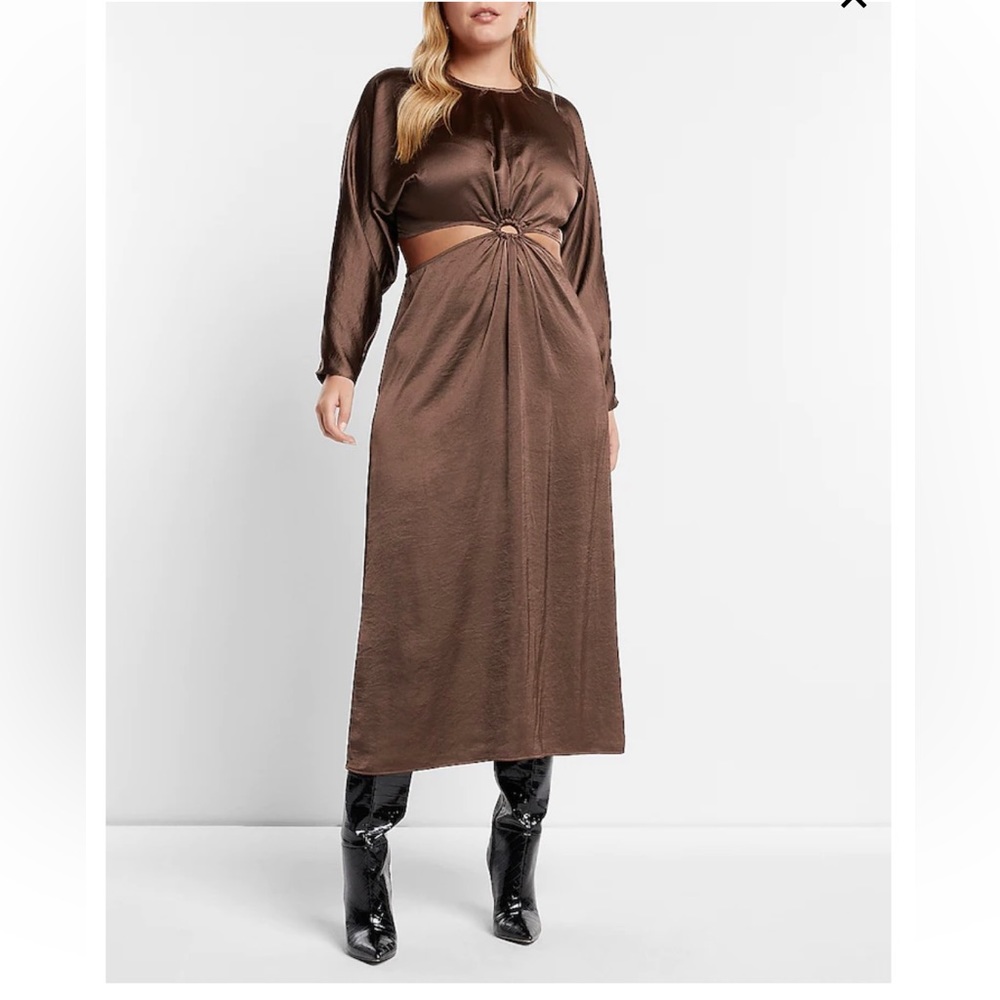 EXPRESS SATIN BROWN CUT OUT MIDI MAXIEVENING LONG SLEEVE PARTY DRESS